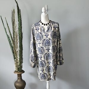 SHEIN Tan and Navy Blue Print Dress